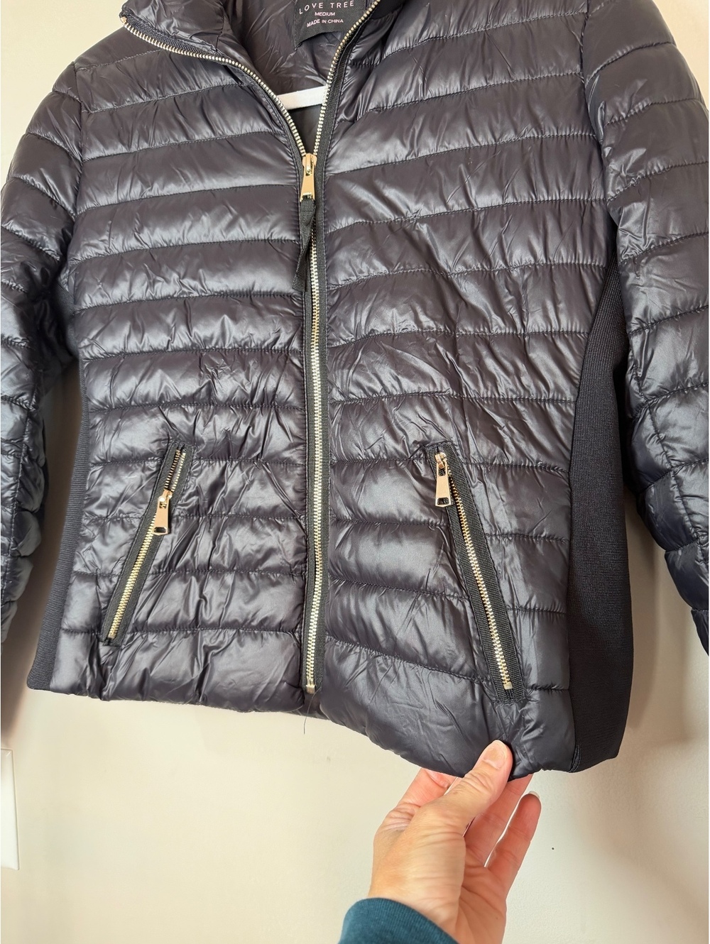 Love Tree Women's Medium Black Quilted Nylon Puffer Jacket with Gold Zippers. - Picture 2 of 7